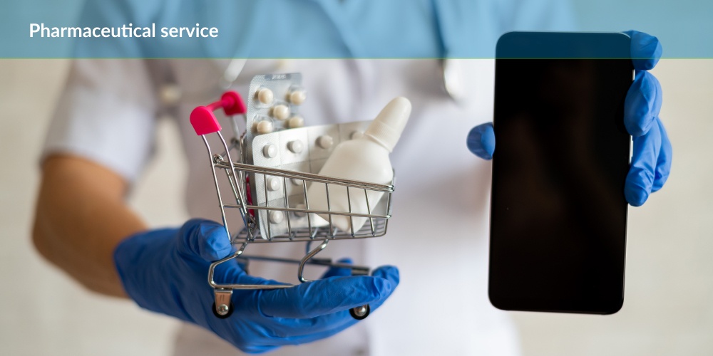 A person wearing a white coat and blue gloves holds a small shopping cart filled with medicine and a nasal spray bottle in one hand, and a blank smartphone screen in the other hand with the text "Pharmaceutical service" above.