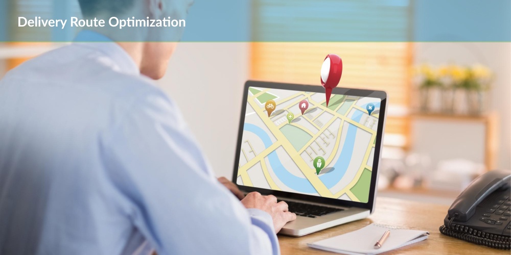 Person using a laptop with a delivery route optimization map on the screen with icons indicating different types of delivery locations.
