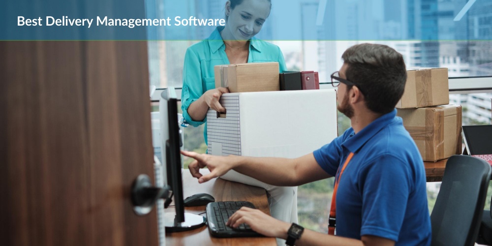 Smiling woman and man satisfied with the performance of the best delivery management software.