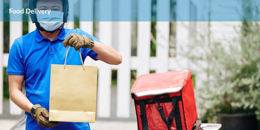 Food Delivery : a man wearing a face mask and gloves holding a shopping bag