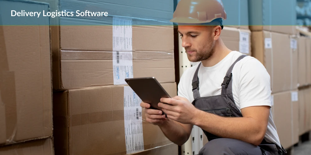 Warehouse worker using a tablet to manage inventory with delivery logistics software