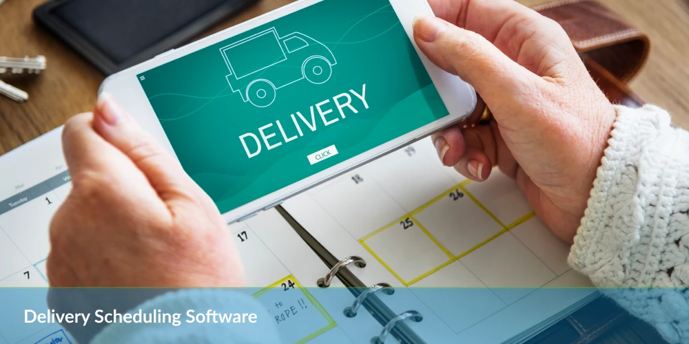 Delivery Scheduling Software- A person holds a phone showing a delivery app with "DELIVERY" and a "CLICK" button.