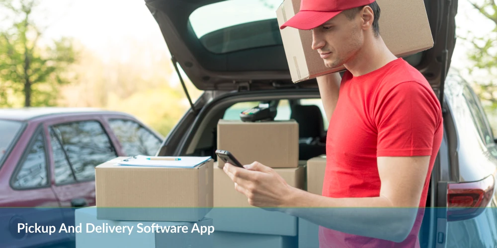 Courier in red shirt using a pickup and delivery software app on his phone while unloading boxes from a car.