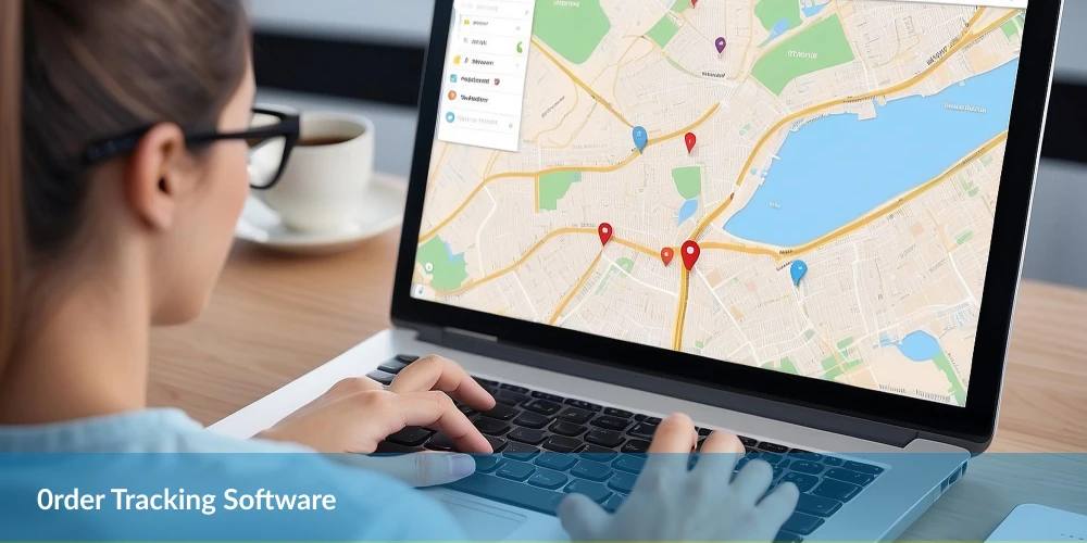 Person using order tracking software on a laptop displaying a map with location markers.