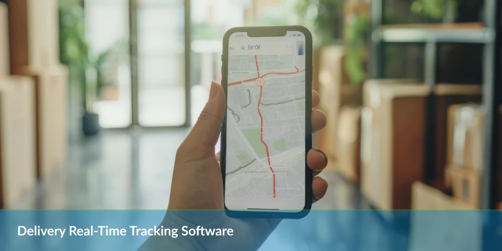 Delivery Real Time Tracking Software -Hand holding a smartphone with a delivery tracking map on the screen, indoors.