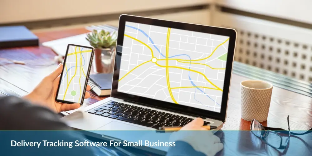 Delivery Tracking Software For Small Business: Laptop And Smartphone Displaying Maps For Delivery Tracking On A Desk With Glasses And A Coffee Cup.