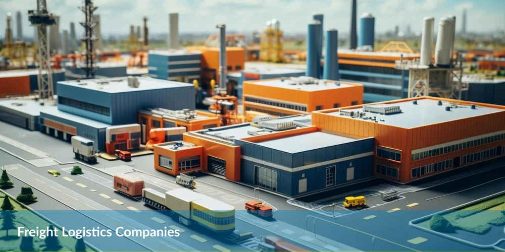 Miniature model of a freight logistics industrial area with buildings and vehicles.