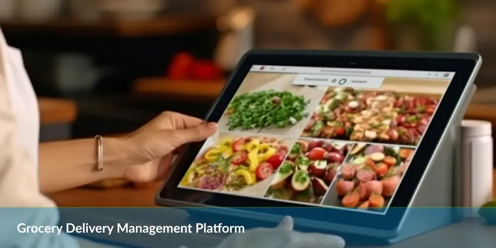 Grocery delivery management platform: Hand browsing a grocery delivery app on a tablet showcasing various fresh foods.