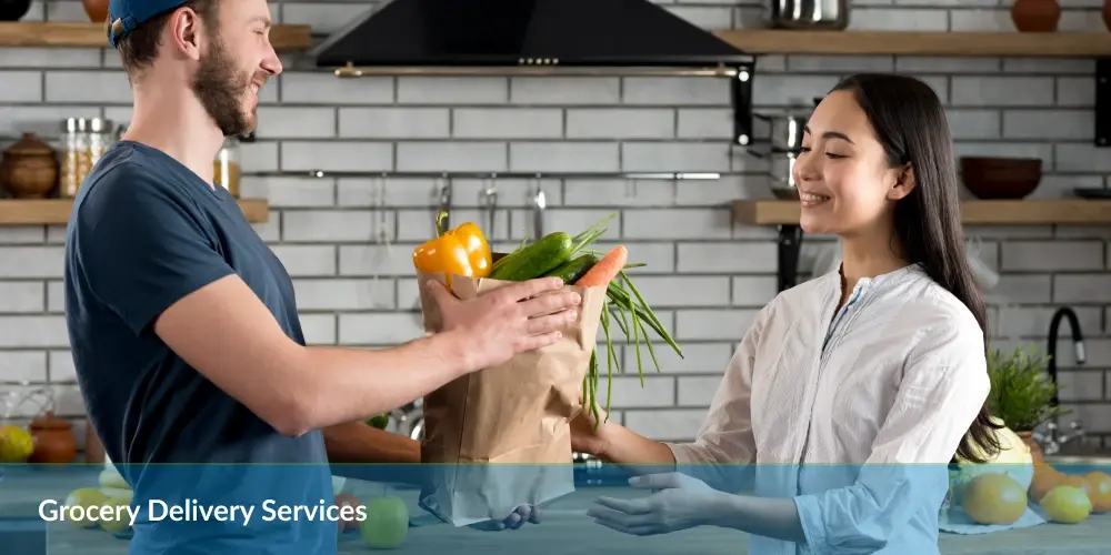 Grocery Delivery Services : Person handing over a grocery bag to another in a kitchen.