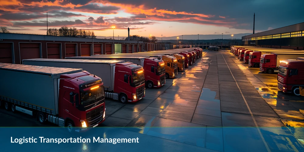 logistic transportation management- row of parked trucks at a distribution center during sunset.