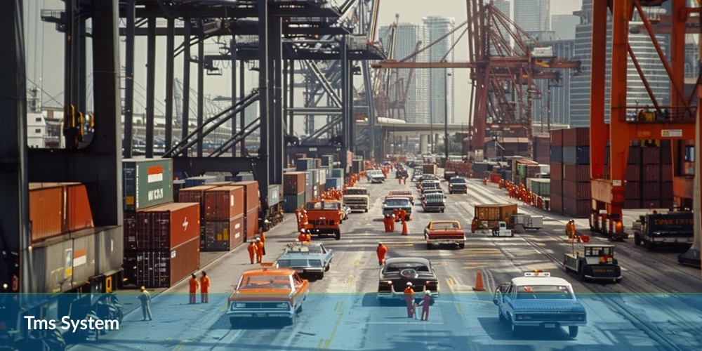 A busy cargo port with rows of shipping containers and workers, cranes in the background, and classic cars.