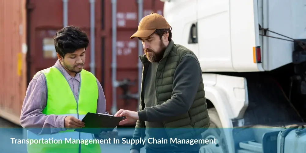 Transportation Management In Supply Chain Management: Two Workers With A Clipboard By A Truck, Discussing Logistics.