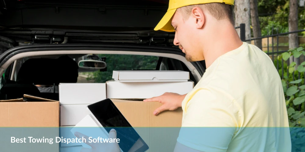 Man with tablet standing by car trunk filled with boxes, with text 