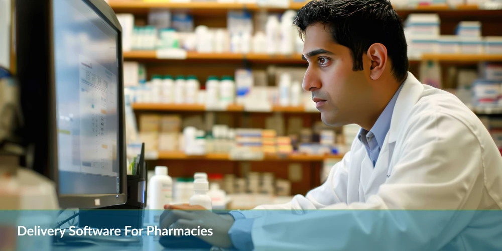 Pharmacist working on a computer with shelves of medications in the background, text: 