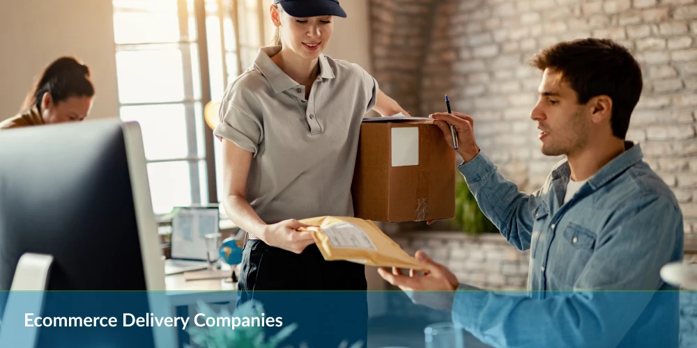 Delivery person handing a package to a recipient in an office setting.