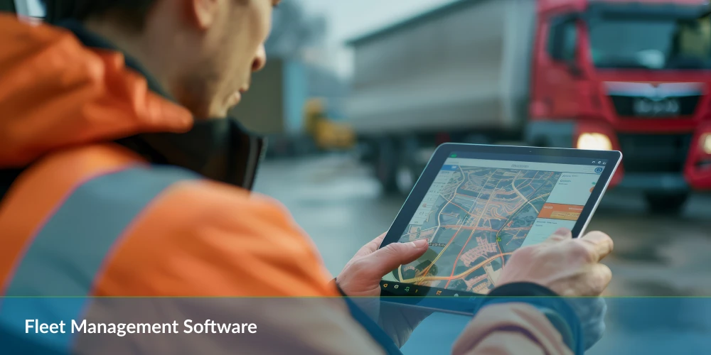 Worker in high-vis jacket using a tablet with map for fleet management, trucks in background.