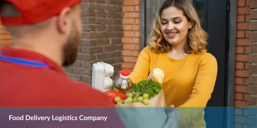 Food Delivery Logistics Company - Delivery worker handing groceries to a woman at her door.