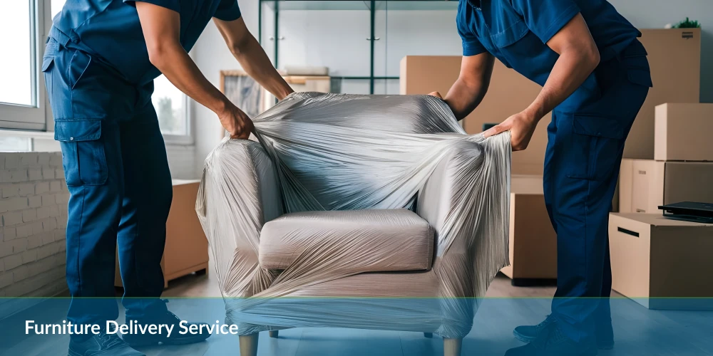 Two movers carrying a wrapped armchair with the text 