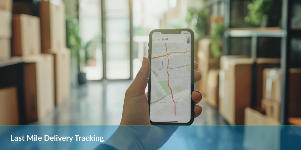 Last Mile Delivery Tracking - Hand holding smartphone with map app against blurred warehouse background.