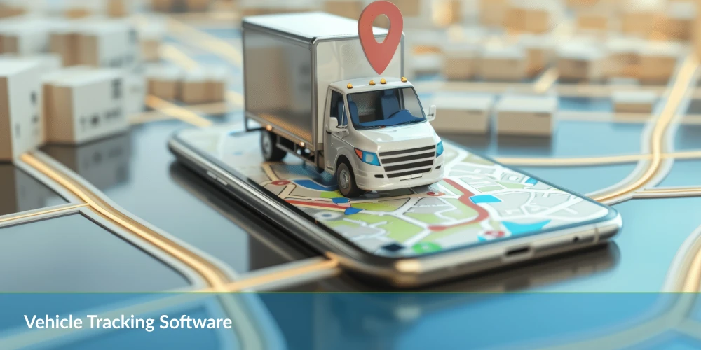 A toy truck on a smartphone with map graphics symbolizing vehicle tracking software.