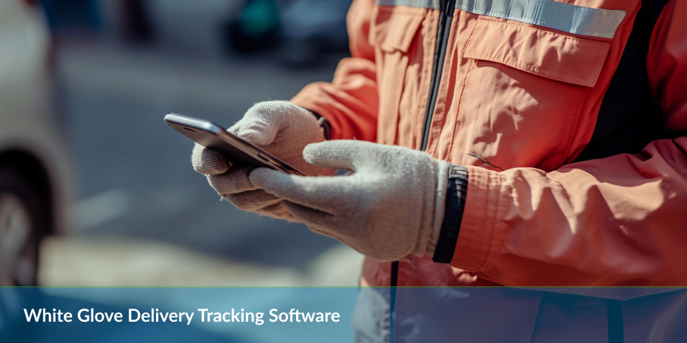 Delivery person in orange jacket using smartphone, text: White Glove Delivery Tracking Software