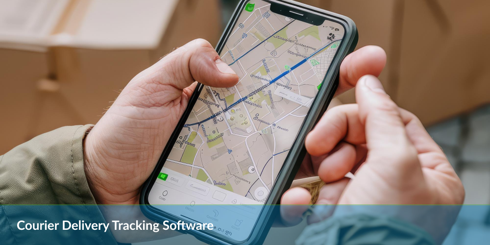 Courier Delivery Tracking Software : Person tracking a delivery on a laptop screen with courier routing software, holding a coffee cup.