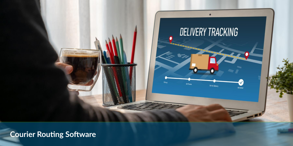 Person holding coffee by a laptop displaying a delivery tracking map. "Courier Routing Software" text overlay.