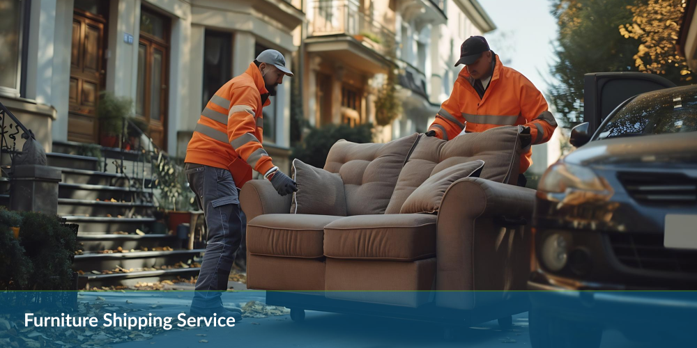 Two workers in hi-vis jackets moving a beige sofa near a truck on a sunny street.