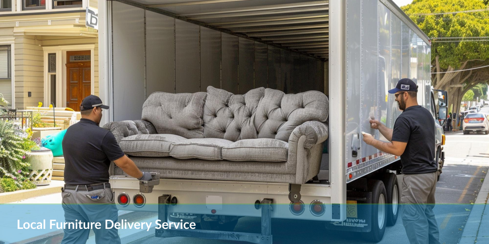 Local Furniture Delivery Service: Two delivery workers unloading a gray couch from a truck.