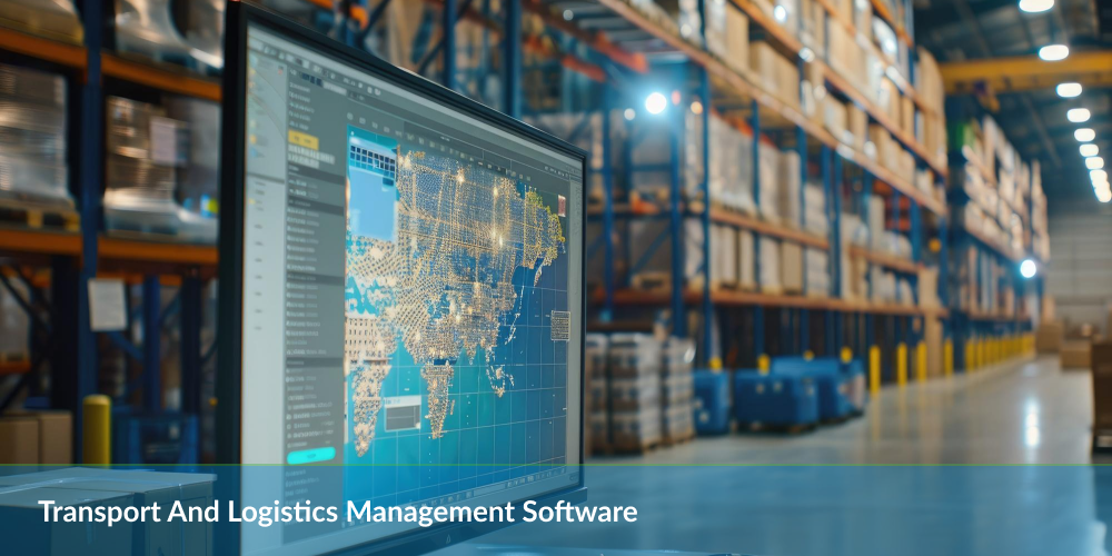 A logistics management software screen displaying a world map, inside a blurry warehouse background.