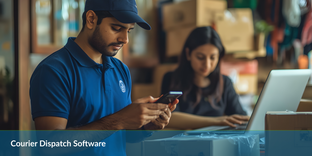 Courier Dispatch Software : Delivery personnel with a smartphone in front of boxes, next to a colleague with a laptop.