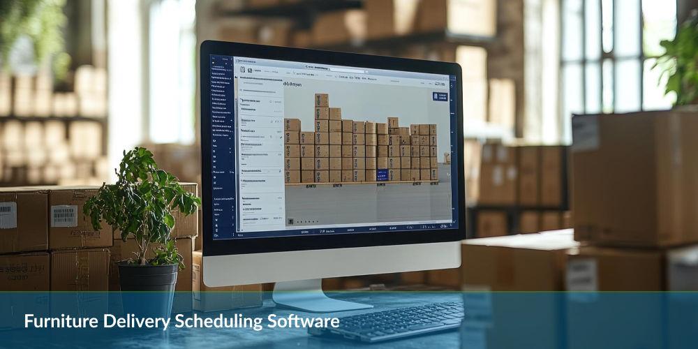 A computer screen displaying furniture scheduling software, with cardboard boxes in the background.