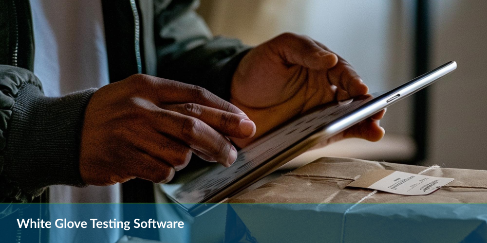 Close-up of hands using a tablet over a package, with text "White Glove Testing Software."