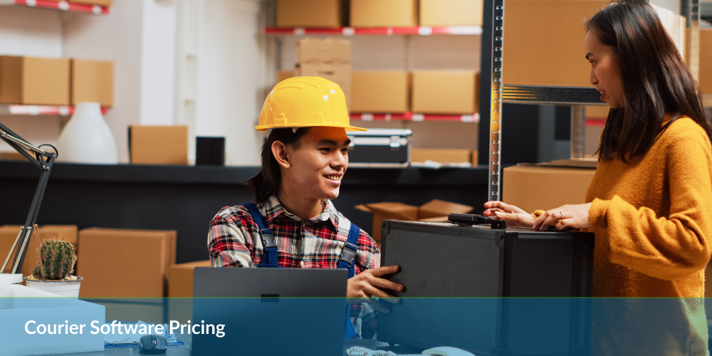 Two workers at a desk in a warehouse with one wearing a hard hat. Text: Courier Software Pricing.