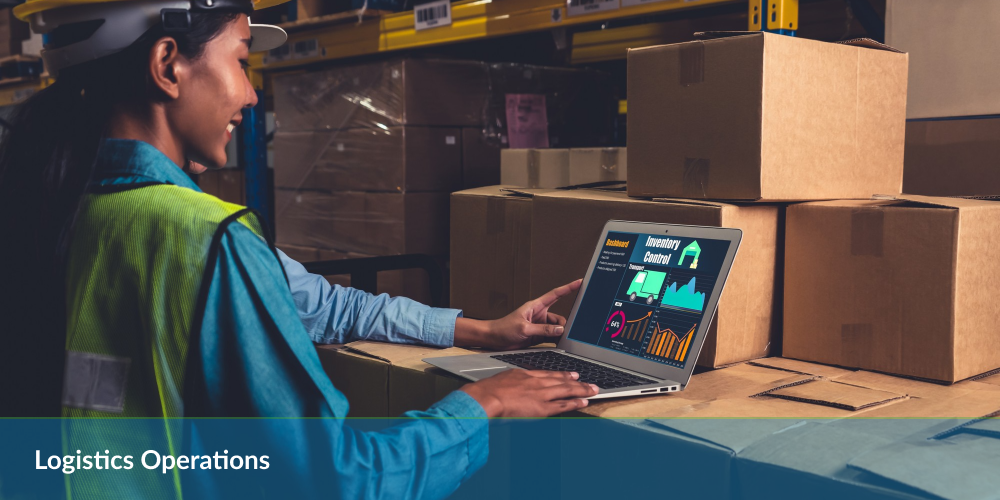 Logistics Operations: Worker in a warehouse using a laptop with inventory control charts, surrounded by cardboard boxes.