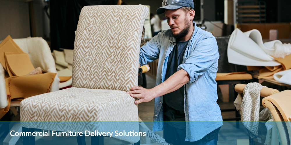 Worker lifting a patterned chair, with text "Commercial Furniture Delivery Solutions".