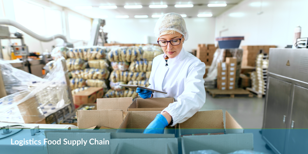 Worker in lab coat and hairnet inspecting items in a logistics food supply chain warehouse.