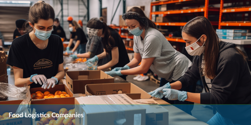 Volunteers pack fresh produce into cardboard boxes in a logistics warehouse, with shelves filled with supplies in the background.