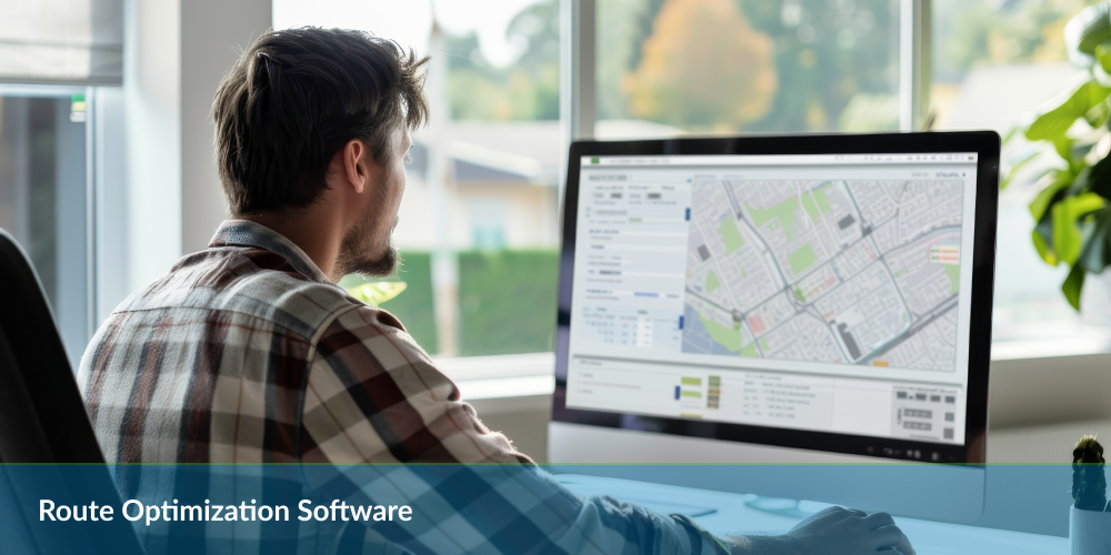 A man using route optimization software on a computer, displaying a map with detailed street layouts and data analysis.