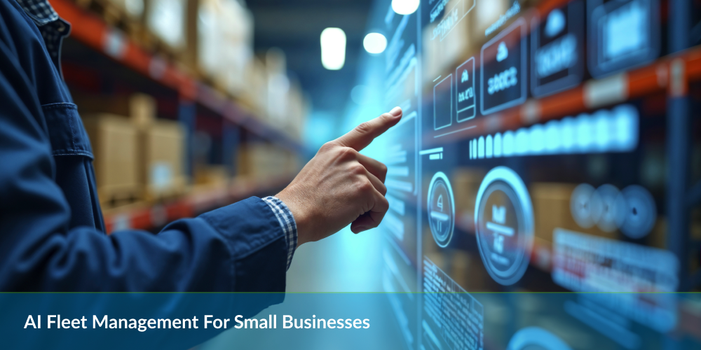 A person interacts with a digital interface displaying AI fleet management tools in a warehouse setting.