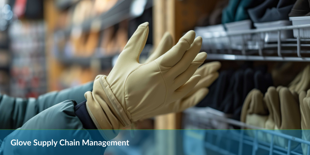 A person in a coat inspects beige gloves in a supply area, highlighting glove supply chain management.