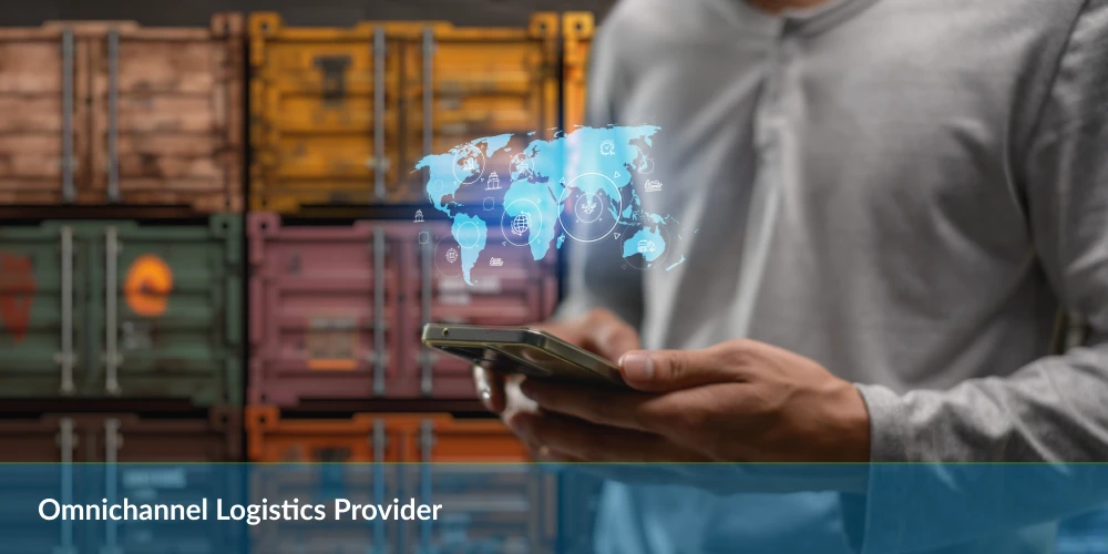 A person holding a smartphone with a digital world map overlay, set against a backdrop of colorful shipping containers.