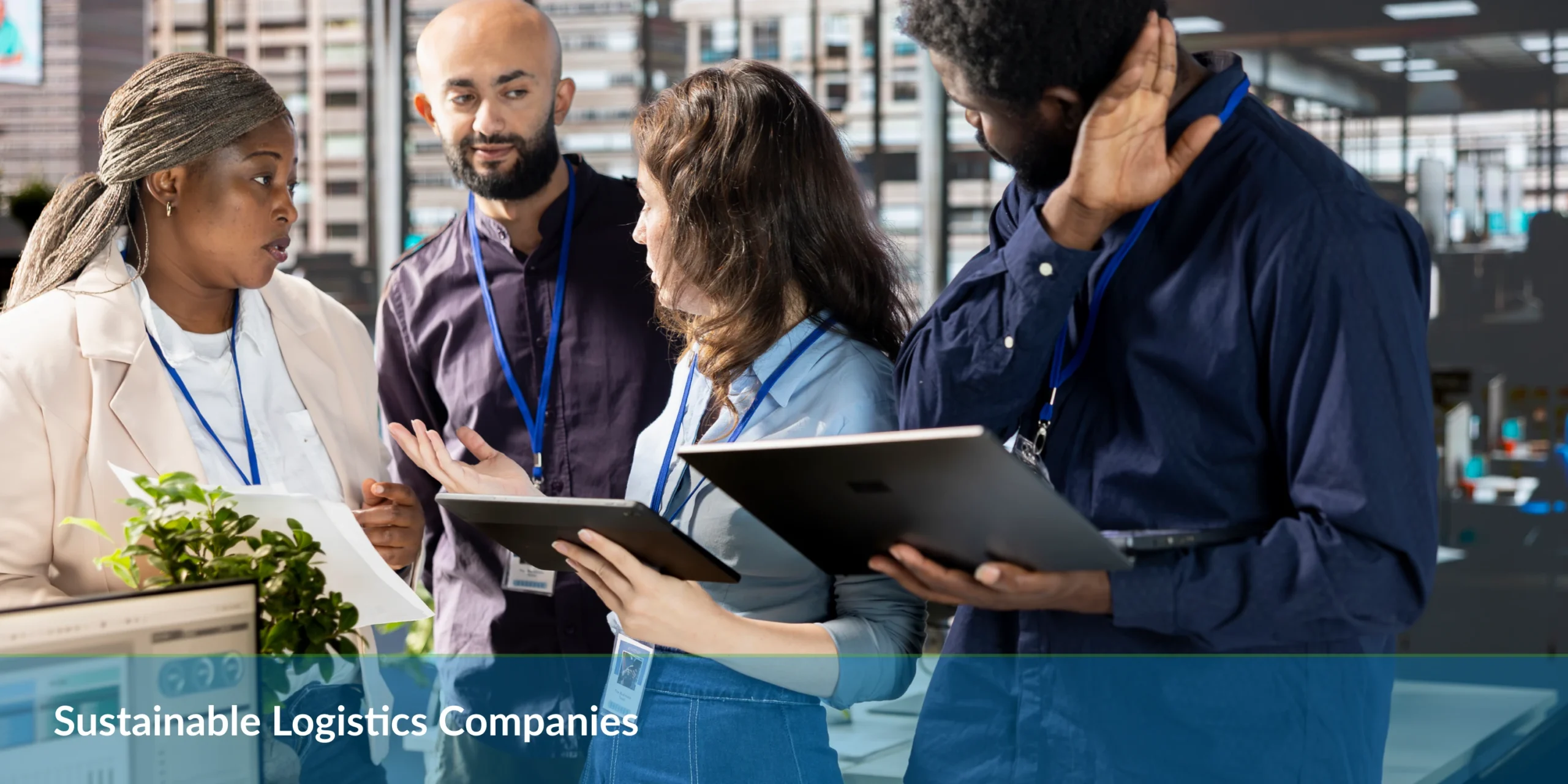 A group of professionals discusses logistics in a modern office setting, holding tablets and featuring a desk plant nearby.