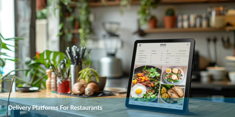 A tablet displaying a delivery platforms for restaurants menu sits on a wooden counter in a cozy, plant-filled kitchen.
