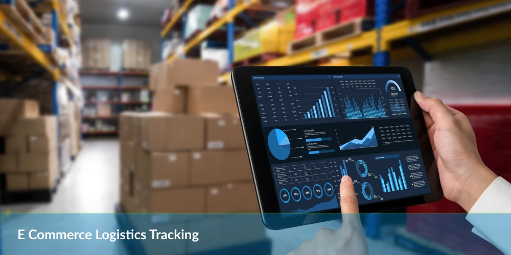 A person uses a tablet to view E-commerce logistics tracking data charts in a warehouse with shelves of boxes and packages.