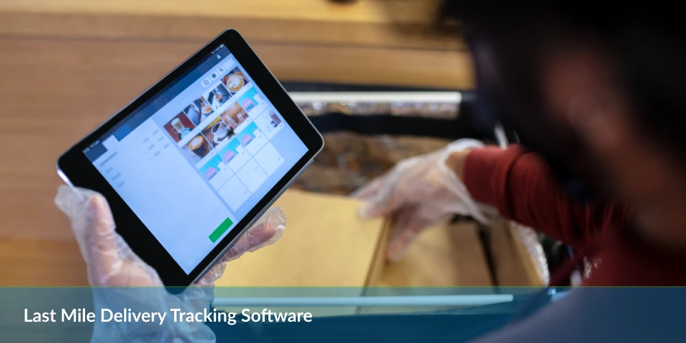 A person in gloves using a tablet to track last mile delivery, displaying images and information related to package delivery.